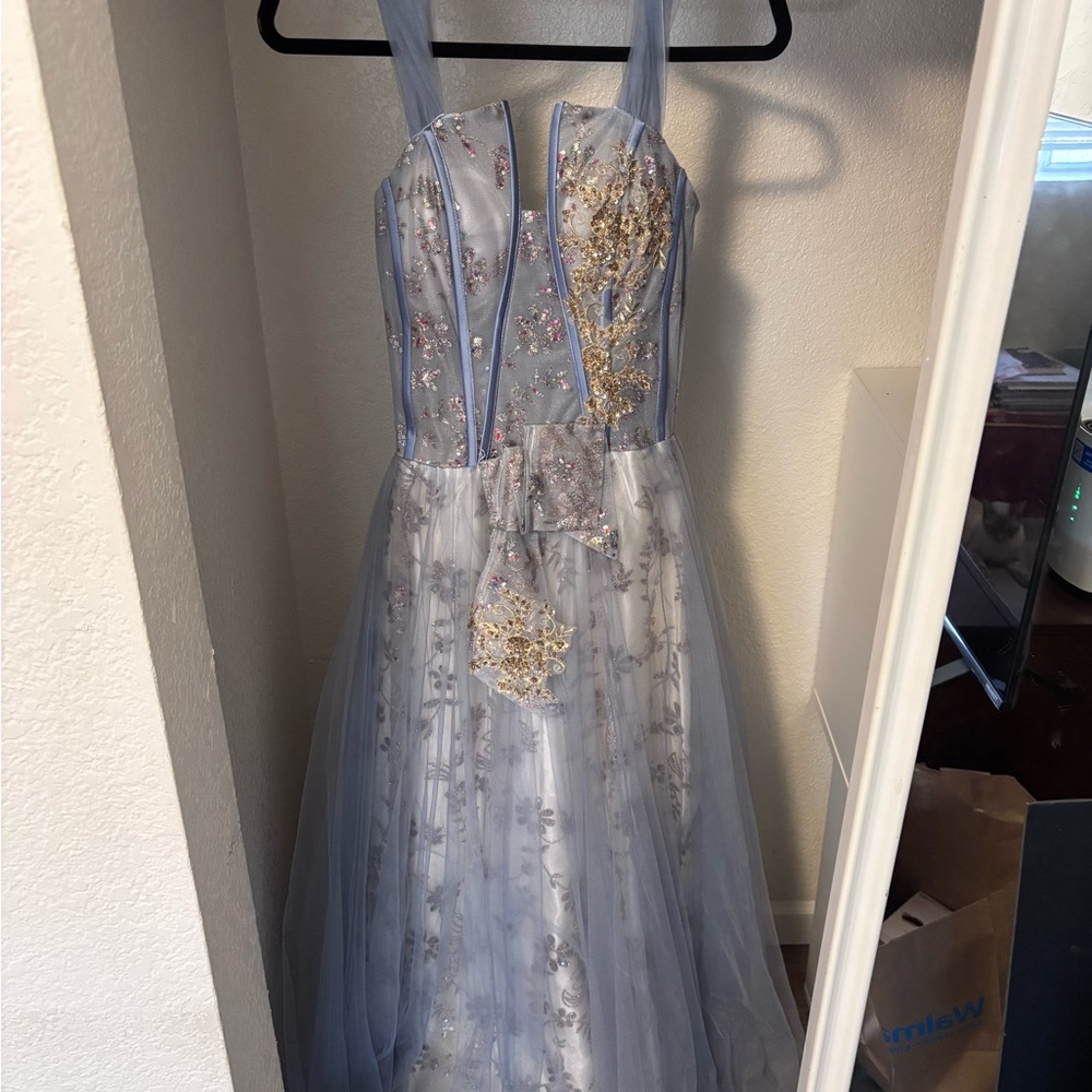 Stunning Blue and Gold Embellished Prom Dress